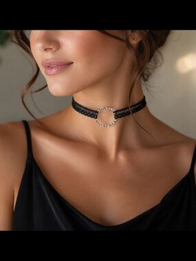 Black Lace Choker with Silver Ring Accent Hand Crafted